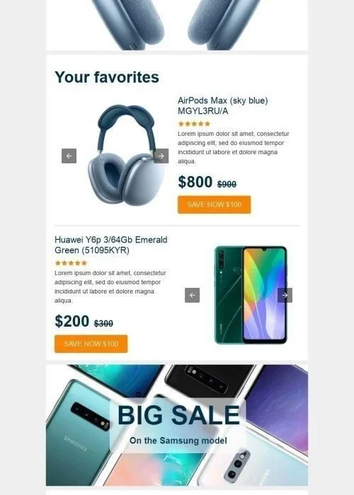 retargeting email template «sale on favorites» for gadgets industry