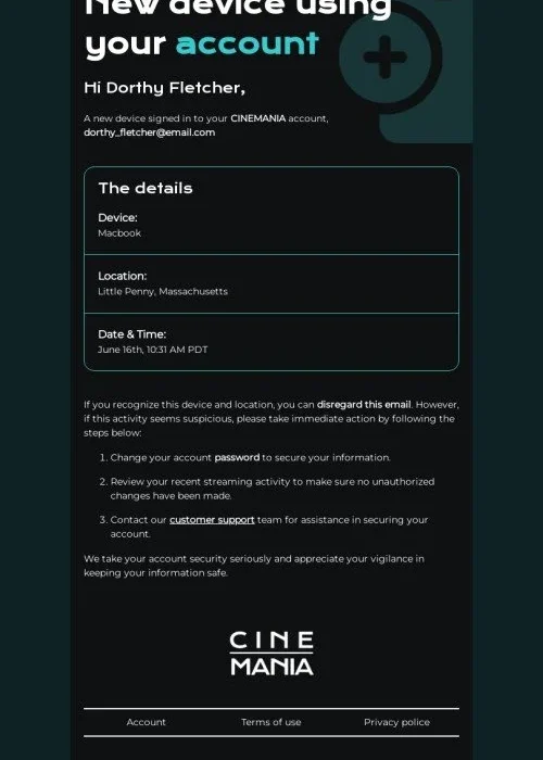 email footer template “new device using your account” for movies industry