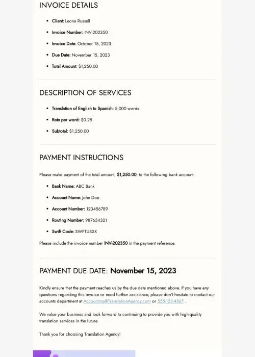 confirmation email template “invoice for translation services” for translation industry