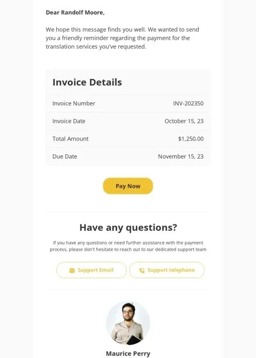 order confirmation email template “payment required for translator services” for translation industry