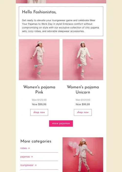 wear your pajamas to work day email template “pajama sets” for fashion industry