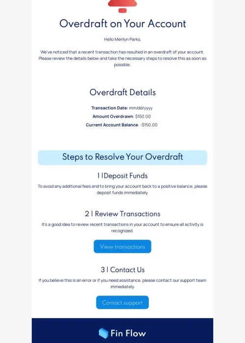 trigger email template “insufficient funds alert” for fintech industry