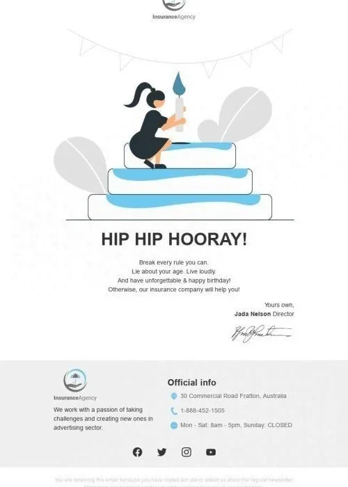 birthday email template «hip hip hooray!» for insurance industry