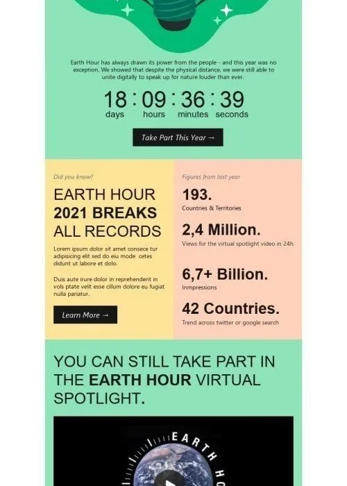 earth hour email template «breaks all records» for education industry