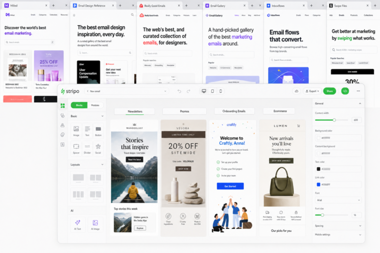 Editorial illustration for a guide to finding email design inspiration platforms and examples