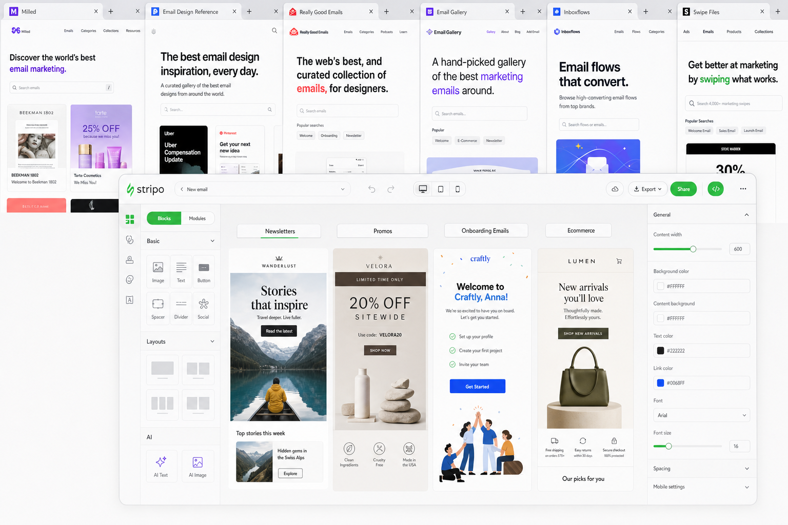 Editorial illustration for a guide to finding email design inspiration platforms and examples